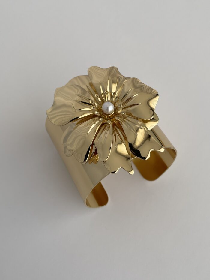 Özel Seri İnci Detaylı Çiçek Tasarım Gold Kelepçe Bileklik