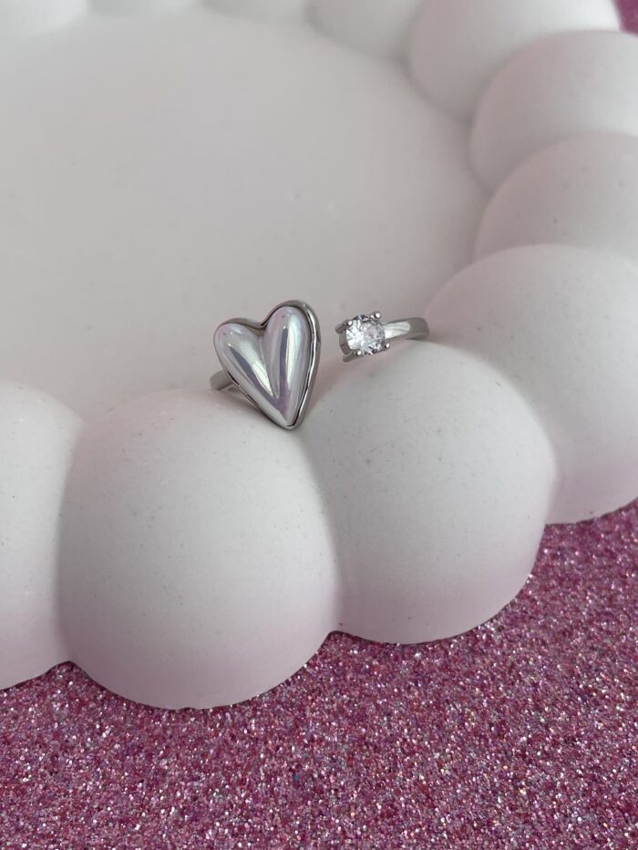 In Love Seri Sedefli Kalp Tasarım Gümüş Ayarlanabilir Yüzük