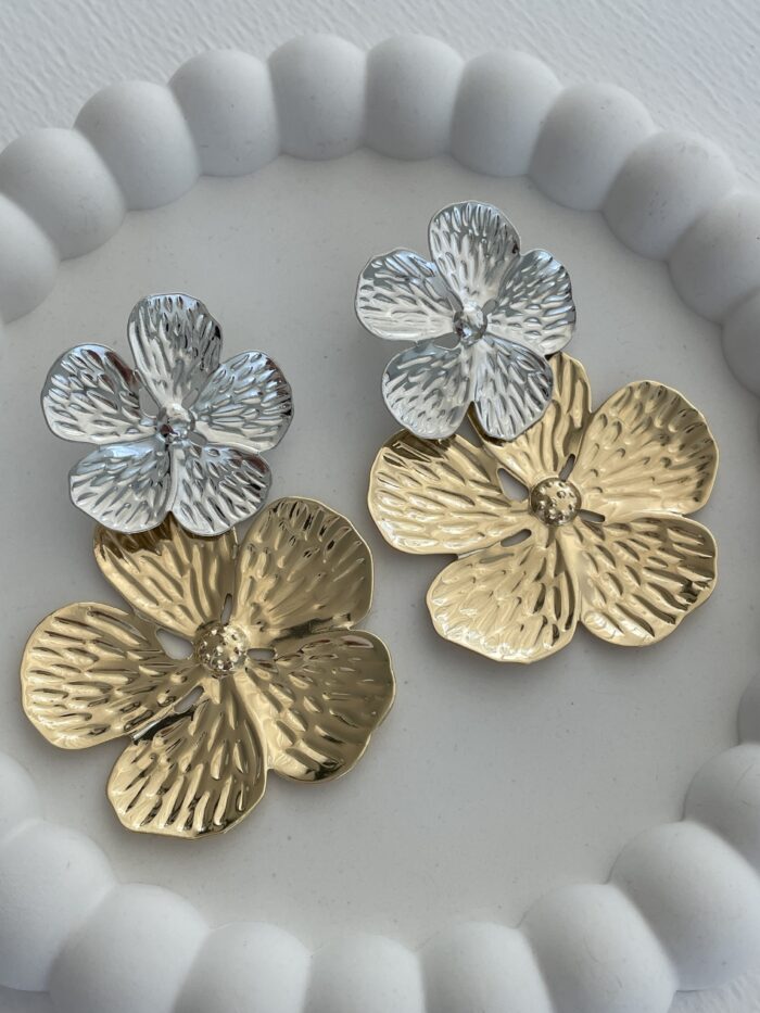 Özel Seri İkili Çiçek Tasarım Gold & Gümüş Küpe