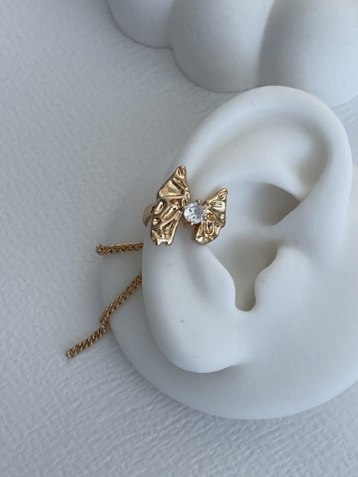 Özel Seri Zirkon Taşlı Zincir Detay Gold Kurdele Earcuff