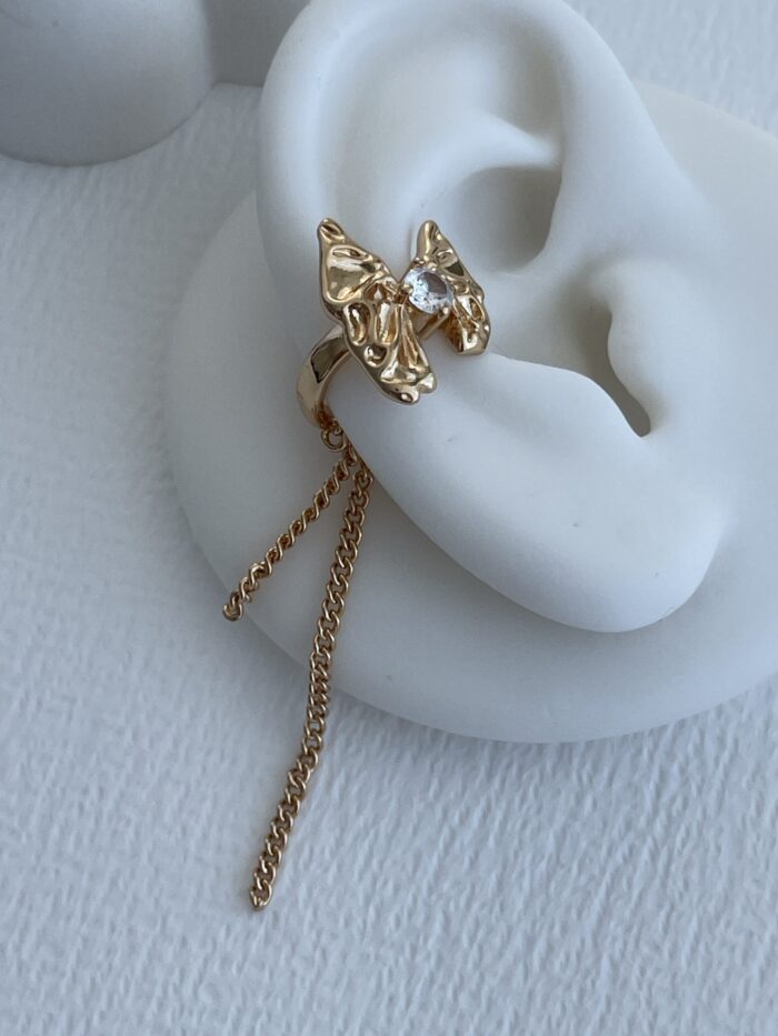 Özel Seri Zirkon Taşlı Zincir Detay Gold Kurdele Earcuff