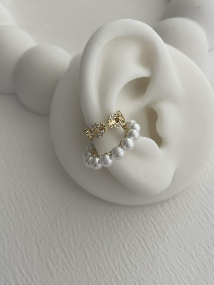 Özel Seri Zirkon Taşlı İkili İnci Gold Earcuff