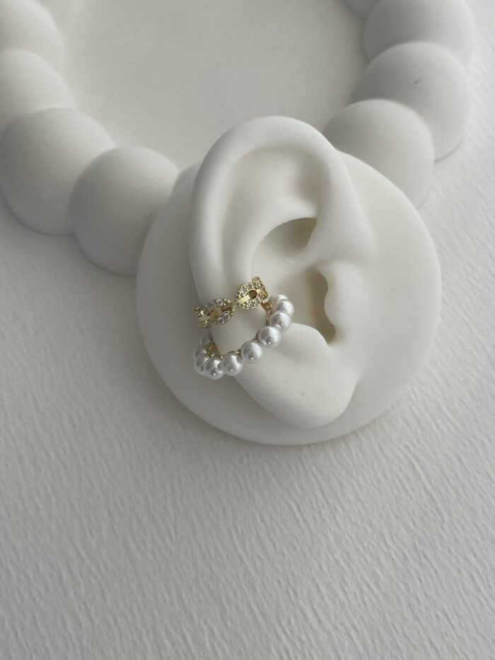 Özel Seri Zirkon Taşlı İkili İnci Gold Earcuff