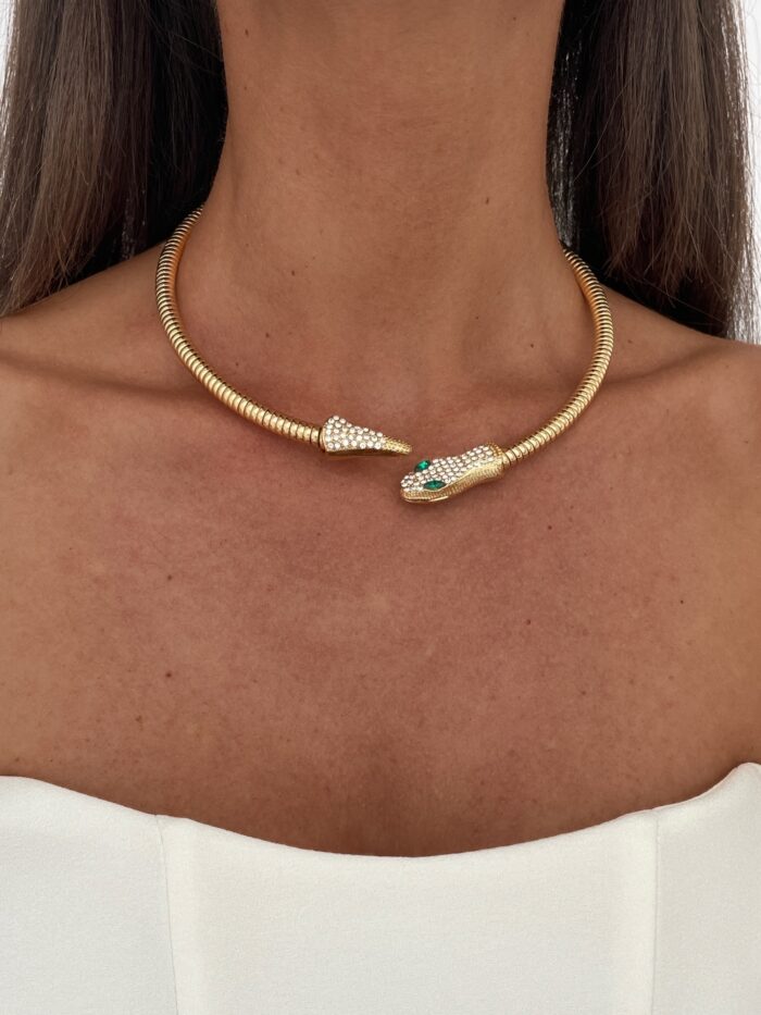 Özel Seri Zirkon Taşlı Yılan Tasarım Gold Choker Kolye