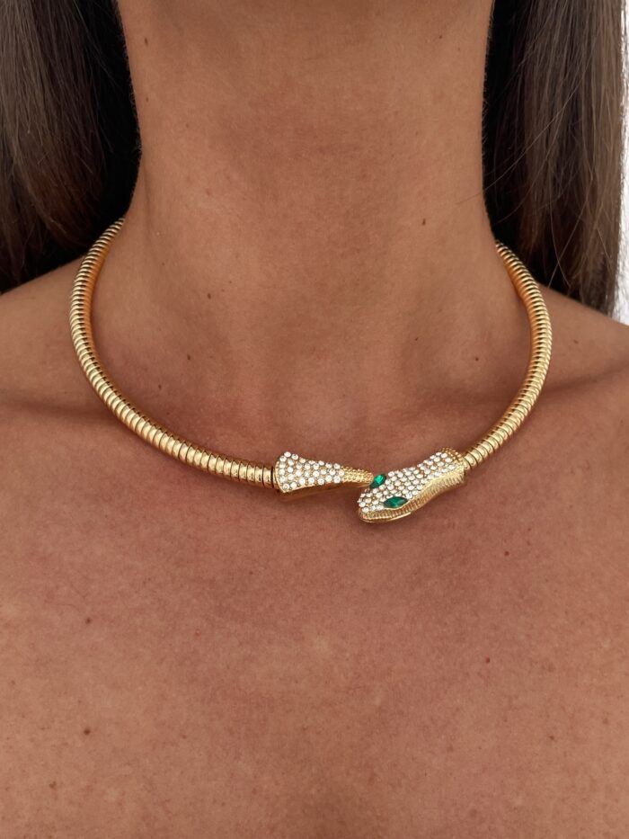 Özel Seri Zirkon Taşlı Yılan Tasarım Gold Choker Kolye