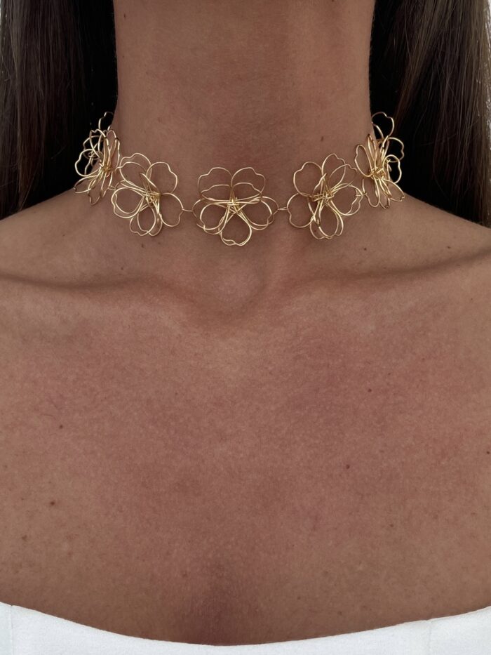 Özel Seri Tel Çiçek Tasarım Gold Choker Kolye