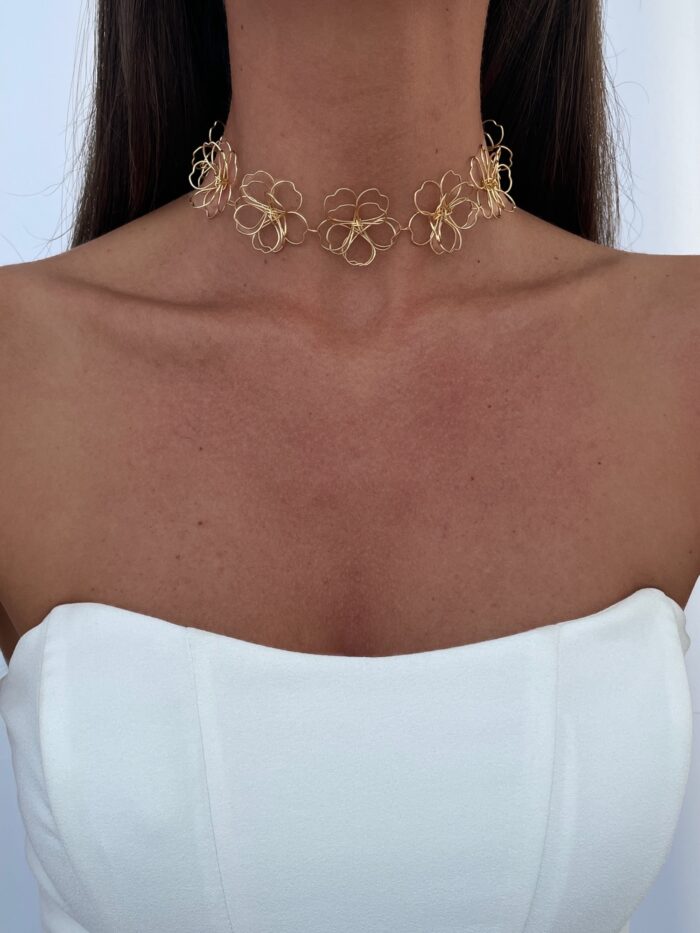 Özel Seri Tel Çiçek Tasarım Gold Choker Kolye