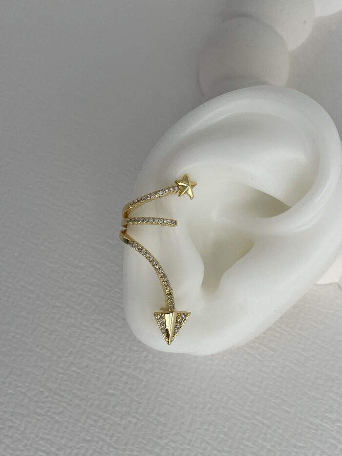 Özel Seri Gold Zirkon Taşlı Ok Tasarım Yıldız Detay Sağ Kulak Earcuff