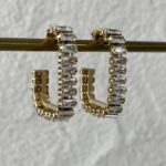 Çelik Baget Taş Dikdörtgen Gold Küpe