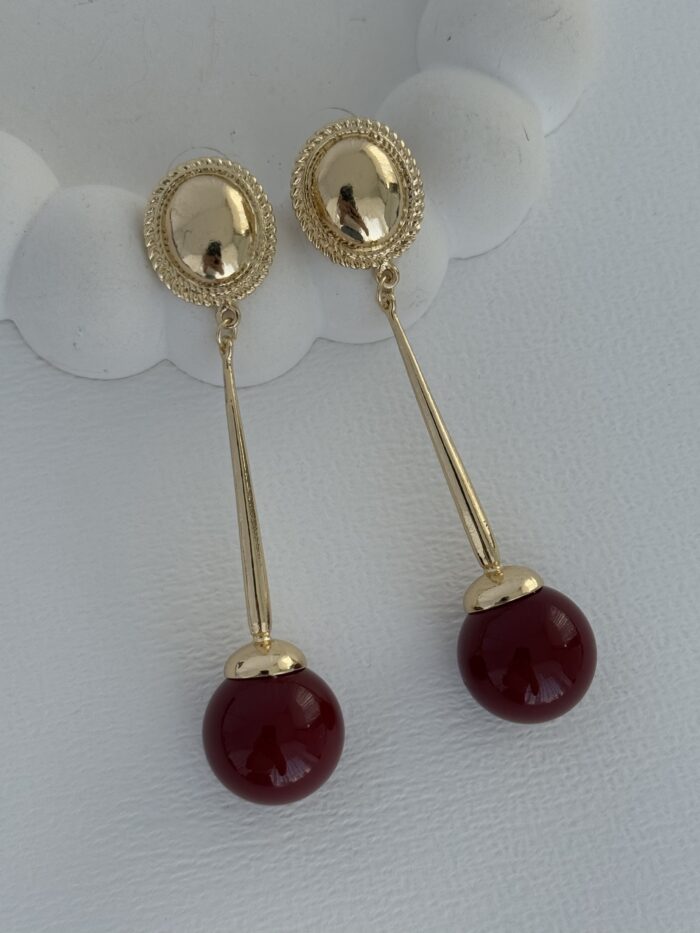 Özel Seri Vintage Kiraz Model Maksi Boy Gold Bordo Küpe