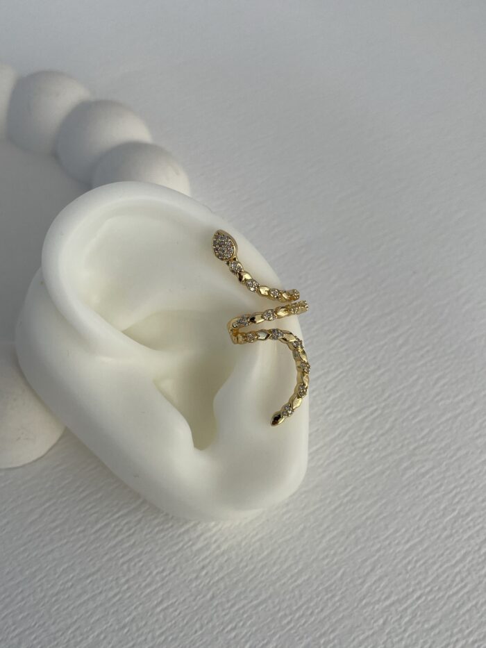 Özel Seri Yılan Tasarım Zirkon Taş Gold Earcuff