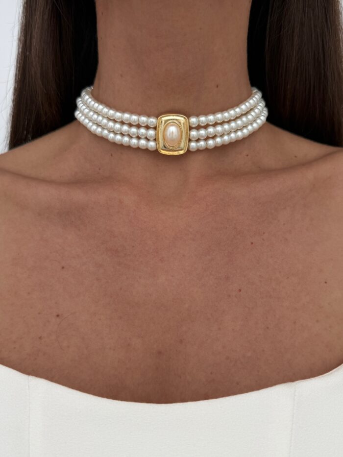 Özel Seri Vintage Tasarım Gold Detay İnci Choker Kolye