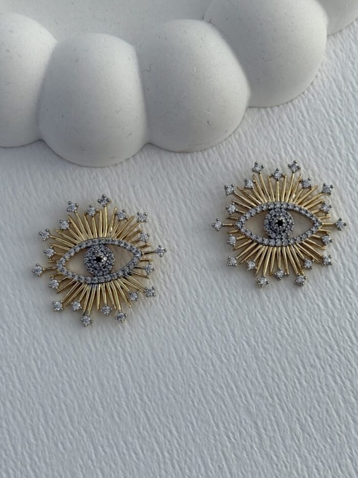 Özel Seri Zirkon Taşlı Göz Tasarım Gold Küpe