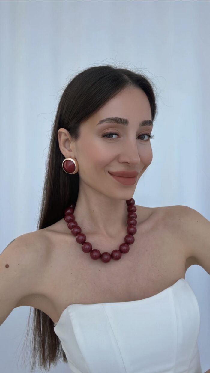 Özel Seri Vintage Bordo Yuvarlak Gold Küpe