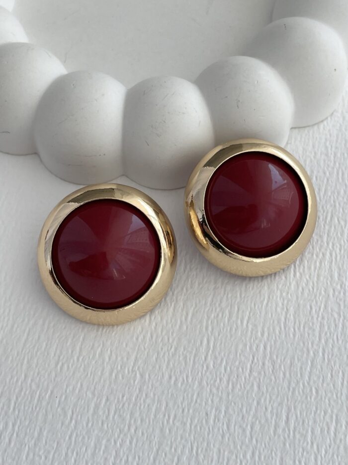 Özel Seri Vintage Bordo Yuvarlak Gold Küpe