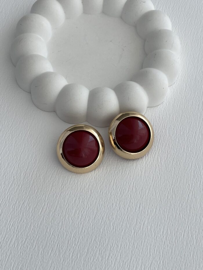 Özel Seri Vintage Bordo Yuvarlak Gold Küpe