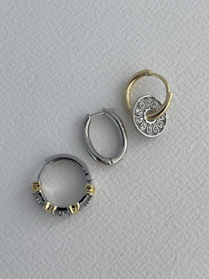 Özel Seri Taşlı X tasarım Gold & Gümüş Üçlü Küpe Set