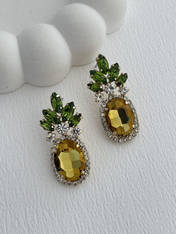 Özel Seri Sarı Yeşil Taşlı Ananas Tasarım Gold Küpe
