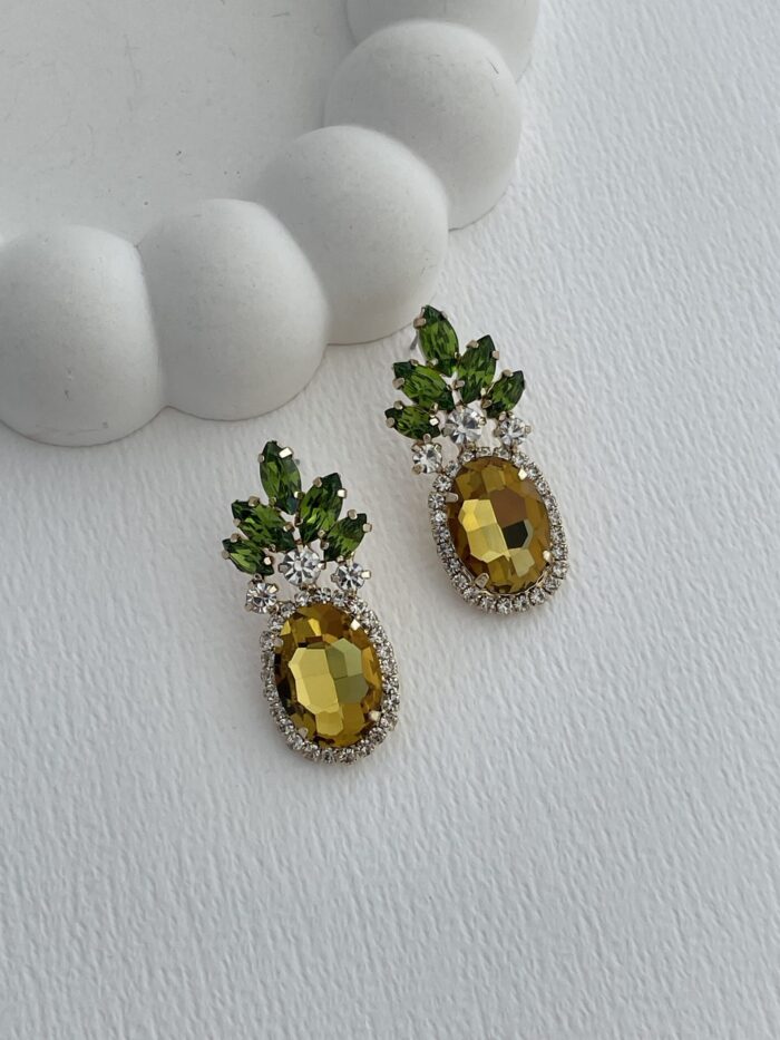 Özel Seri Sarı Yeşil Taşlı Ananas Tasarım Gold Küpe