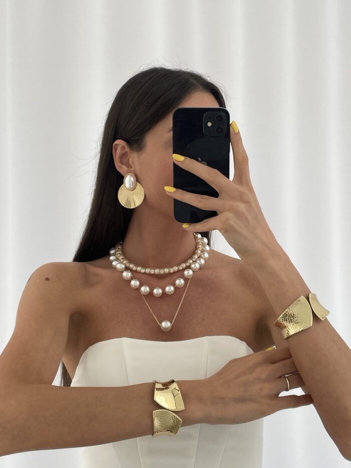 Özel Seri İnci Detay Vintage Oval Gold Küpe