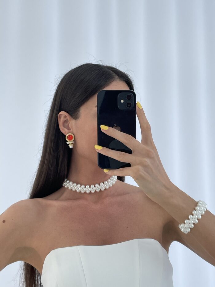 Özel Seri Kırmızı Opal Taş Gold Vintage İnci Küpe