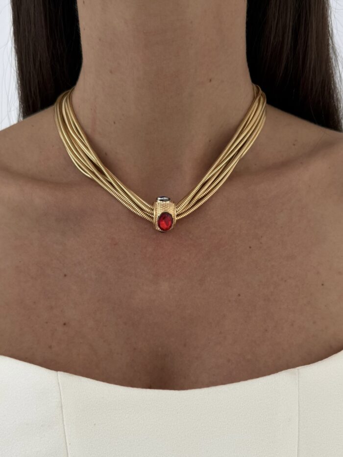 Özel Seri Mıknatıslı Yeşil Kırmızı Mavi Taşlı Çoklu Zincir Gold Kolye