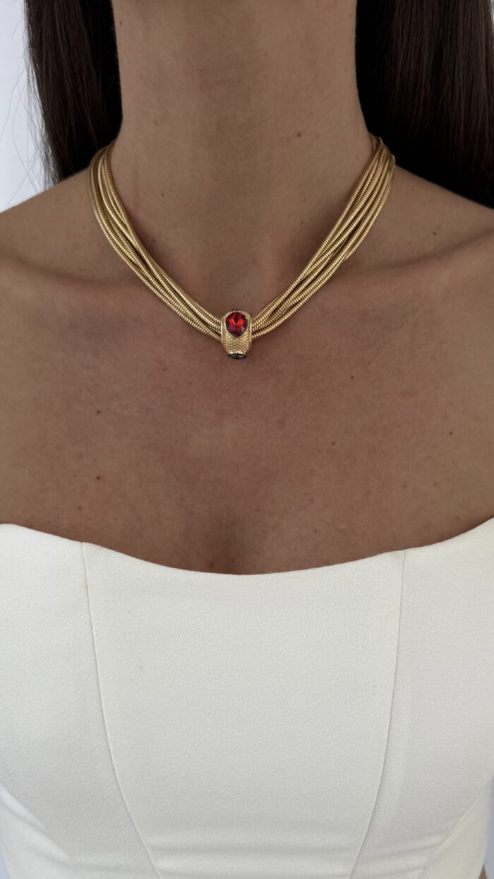Özel Seri Mıknatıslı Yeşil Kırmızı Mavi Taşlı Çoklu Zincir Gold Kolye