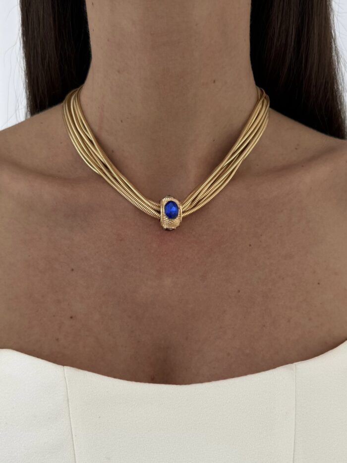 Özel Seri Mıknatıslı Yeşil Kırmızı Mavi Taşlı Çoklu Zincir Gold Kolye