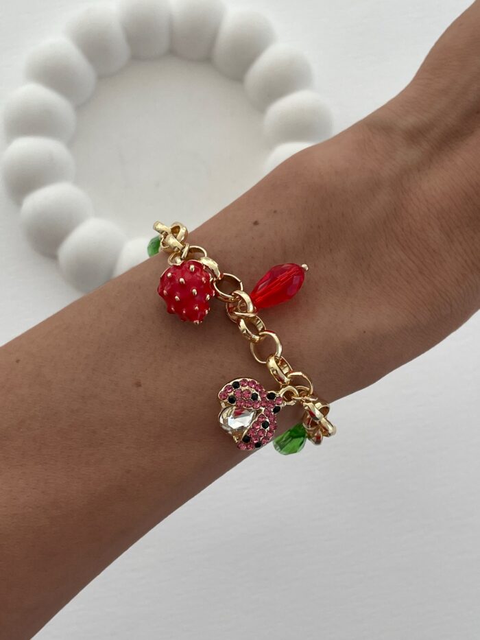 Özel Seri Çilek Renkli Taşlı Charm Gold Bileklik