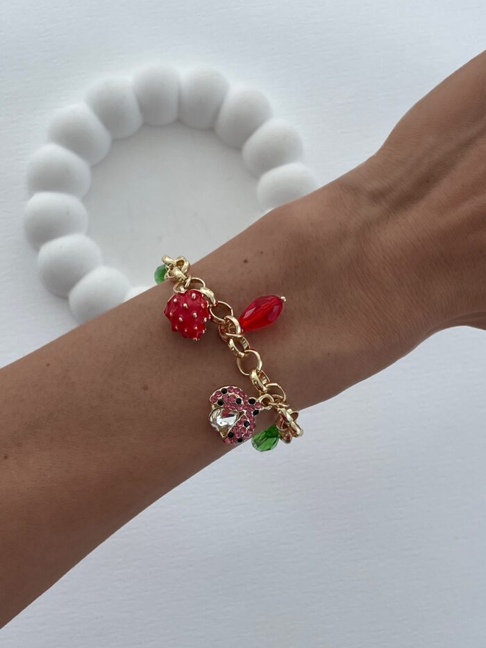 Özel Seri Çilek Renkli Taşlı Charm Gold Bileklik