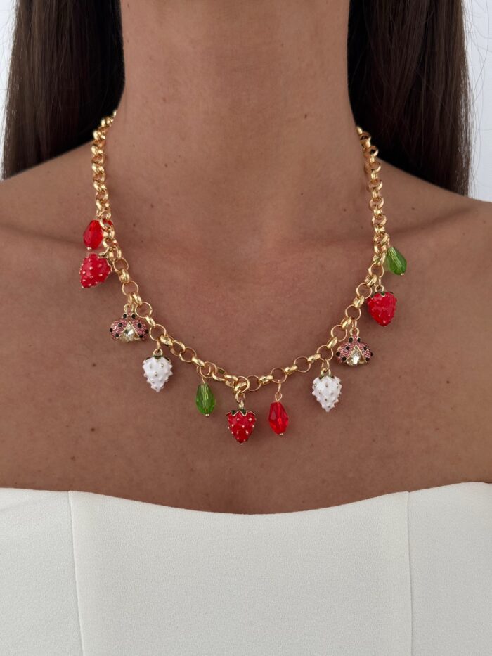 Özel Seri Çilek Renkli Taşlı Charm Gold Kolye