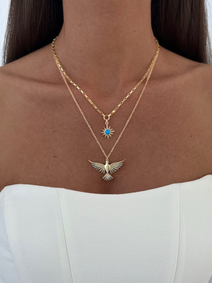 Özel Seri Zirkon Taşlı Mavi Opal Taş Gold Yıldız Kolye
