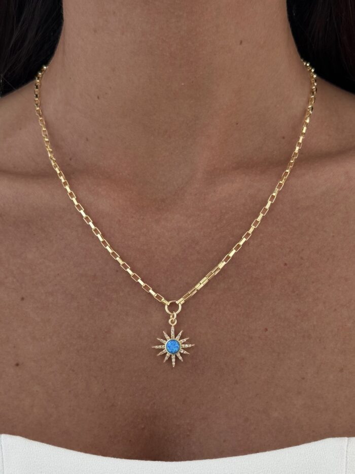 Özel Seri Zirkon Taşlı Mavi Opal Taş Gold Yıldız Kolye