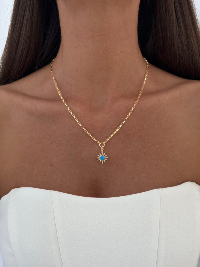 Özel Seri Zirkon Taşlı Mavi Opal Taş Gold Yıldız Kolye