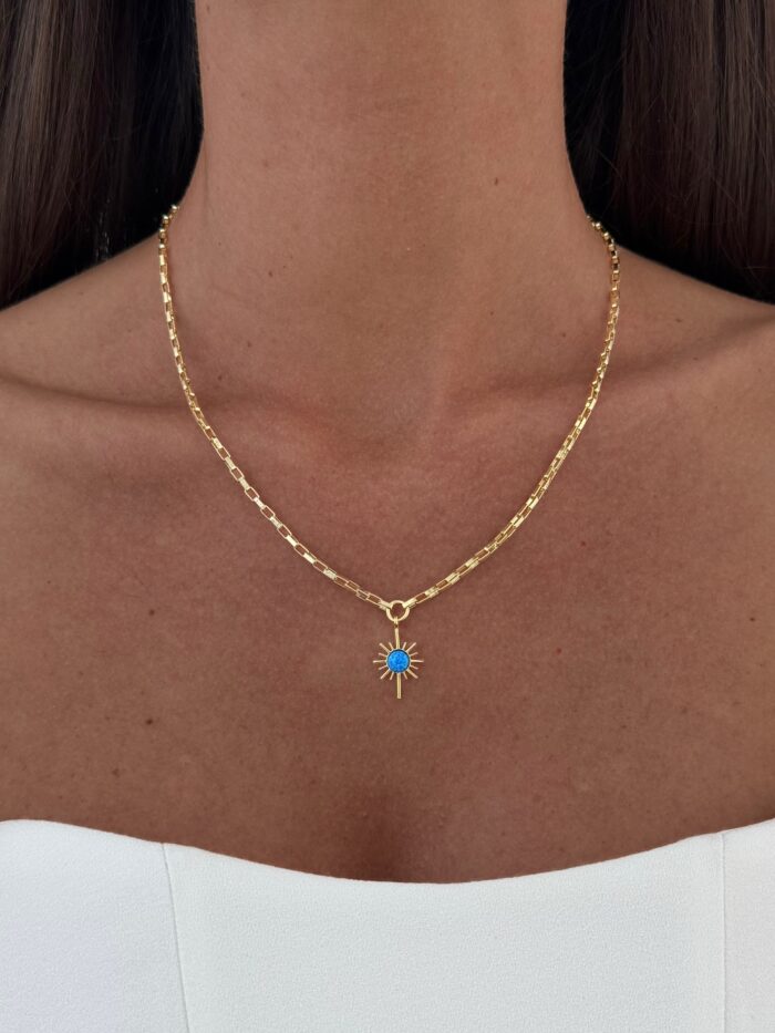 Özel Seri Zirkon Taşlı Mavi Opal Taş Gold Yıldız Kolye