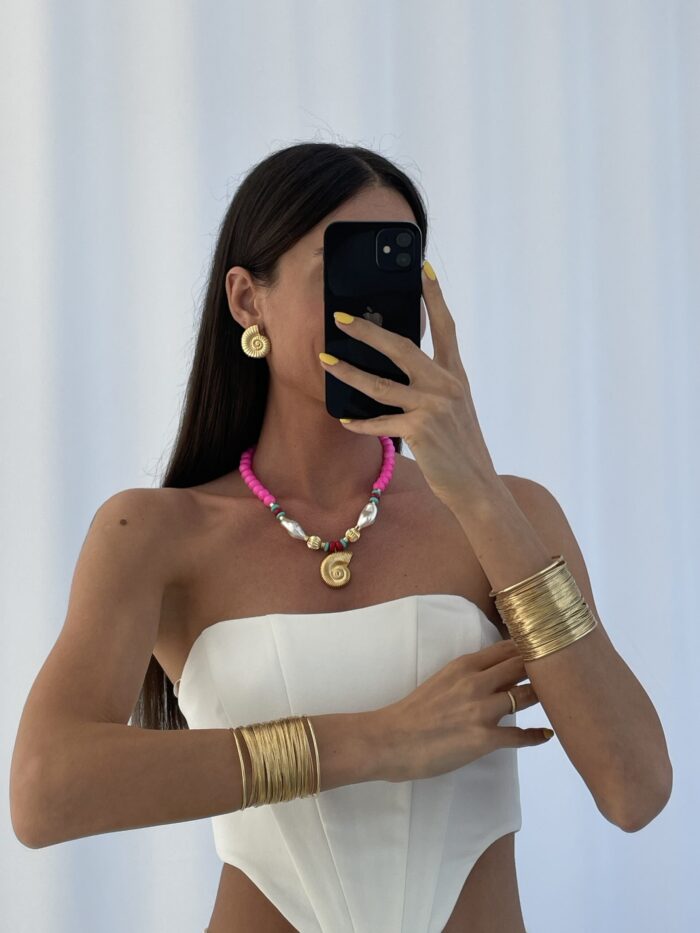 Özel Seri Deniz Kabuğu & İnci Neon Pembe Gold Kolye