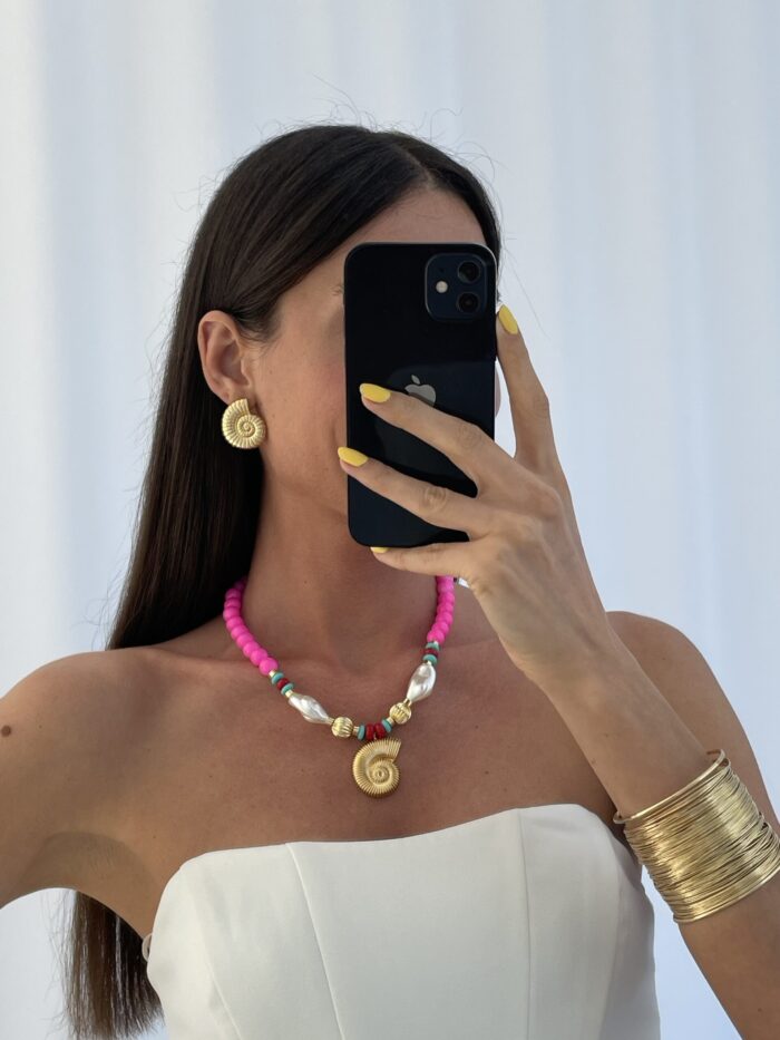Özel Seri Deniz Kabuğu & İnci Neon Pembe Gold Kolye