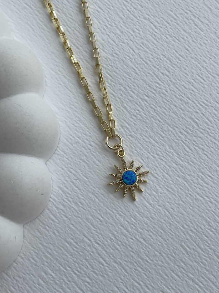 Özel Seri Zirkon Taşlı Mavi Opal Taş Gold Yıldız Kolye