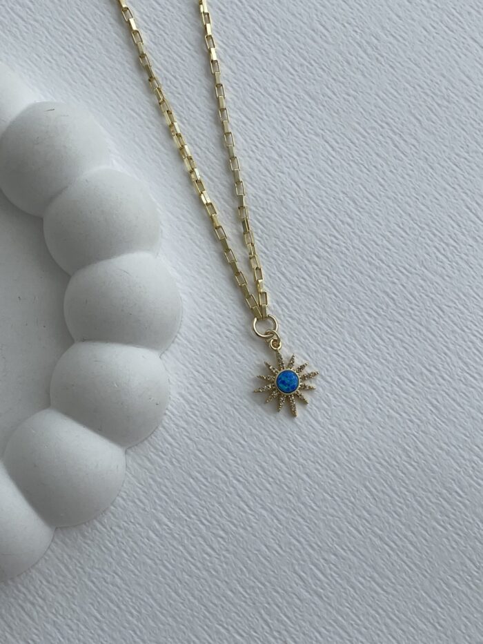 Özel Seri Zirkon Taşlı Mavi Opal Taş Gold Yıldız Kolye