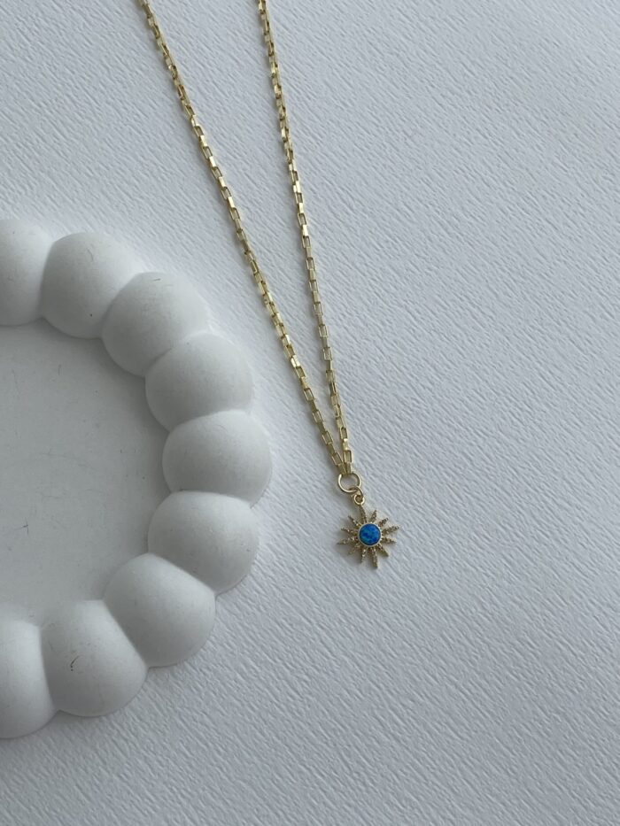 Özel Seri Zirkon Taşlı Mavi Opal Taş Gold Yıldız Kolye