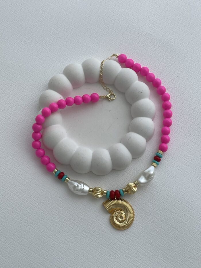Özel Seri Deniz Kabuğu & İnci Neon Pembe Gold Kolye