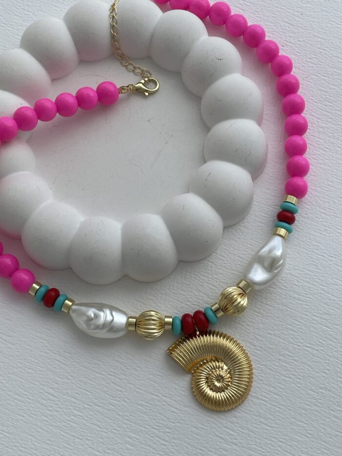 Özel Seri Deniz Kabuğu & İnci Neon Pembe Gold Kolye