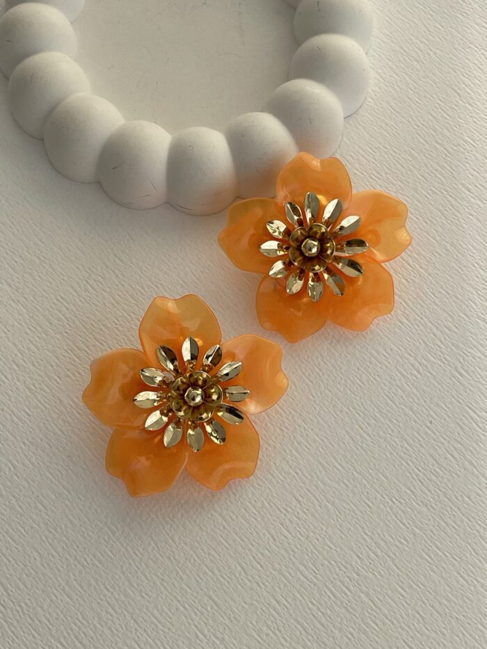 Özel Seri Çiçek Tasarım Turuncu Rainbow Gold Küpe