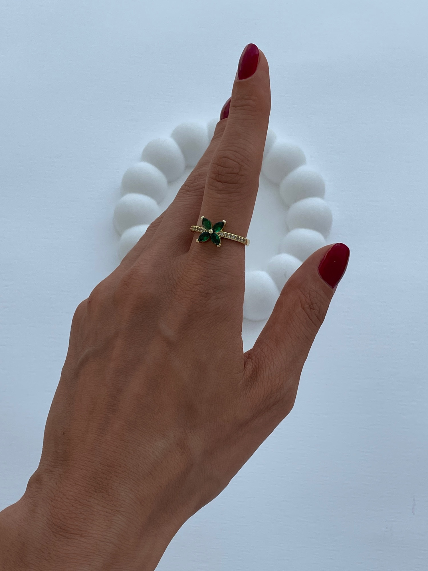 img_6138-3 Özel Seri Yeşil Baget Taş Çiçek Gold Ayarlanabilir Yüzük