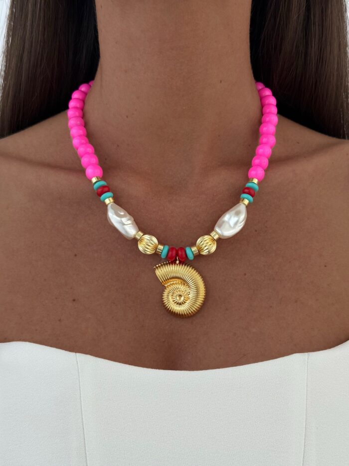 Özel Seri Deniz Kabuğu & İnci Neon Pembe Gold Kolye