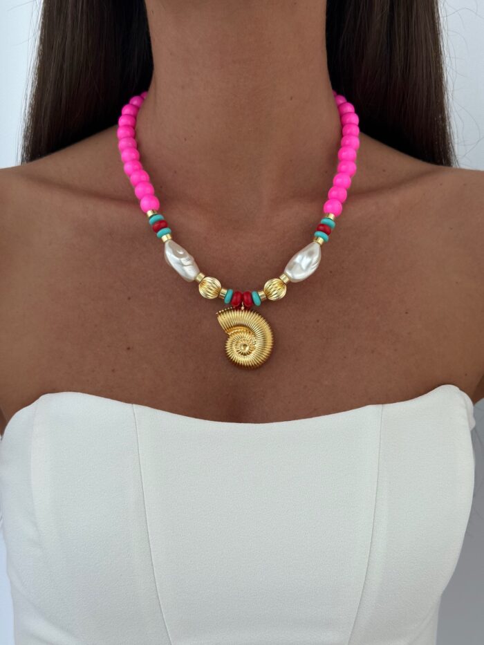 Özel Seri Deniz Kabuğu & İnci Neon Pembe Gold Kolye
