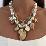 Özel Seri Deniz Kabuğu Charm İnci Gold İkili Marka Model Kolye