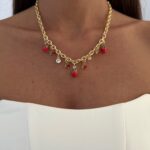 Özel Seri Zirkon Taşlı Çilek Tasarım Gold Kolye