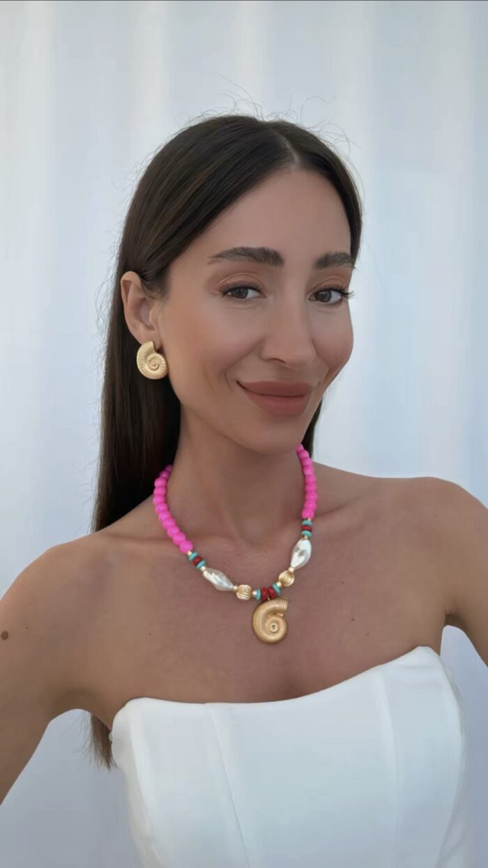 Özel Seri Deniz Kabuğu & İnci Neon Pembe Gold Kolye