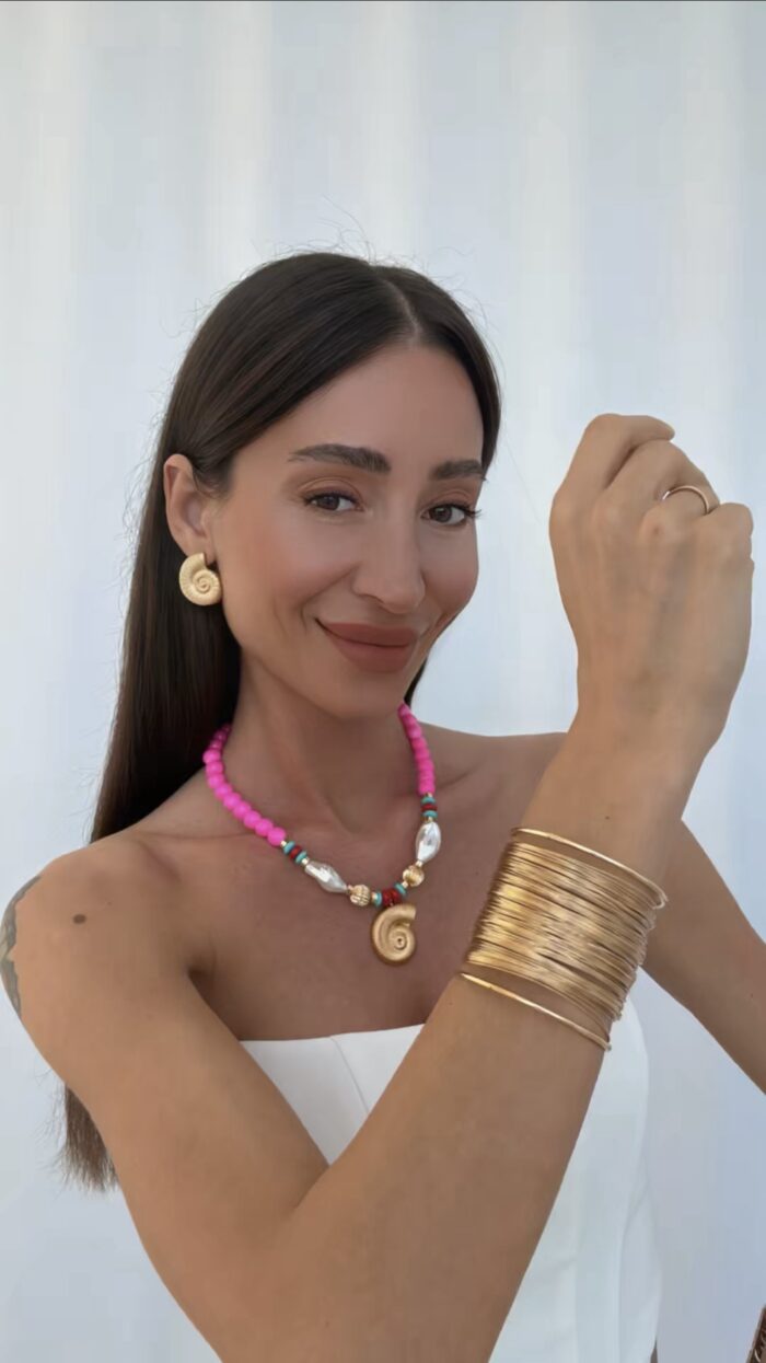 Özel Seri Deniz Kabuğu & İnci Neon Pembe Gold Kolye